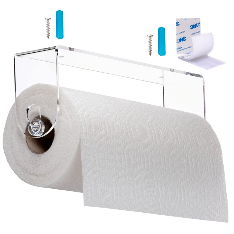 Srenta Clear Acrylic Paper Towel Holder Wall Mount Paper Towel Holder Under Cabinet, Wall Mounted Undermount Hanging Paper Towels Holder Dispenser, Holds Jumbo Rolls, Adhesive Strips & Screws Included - Image 1